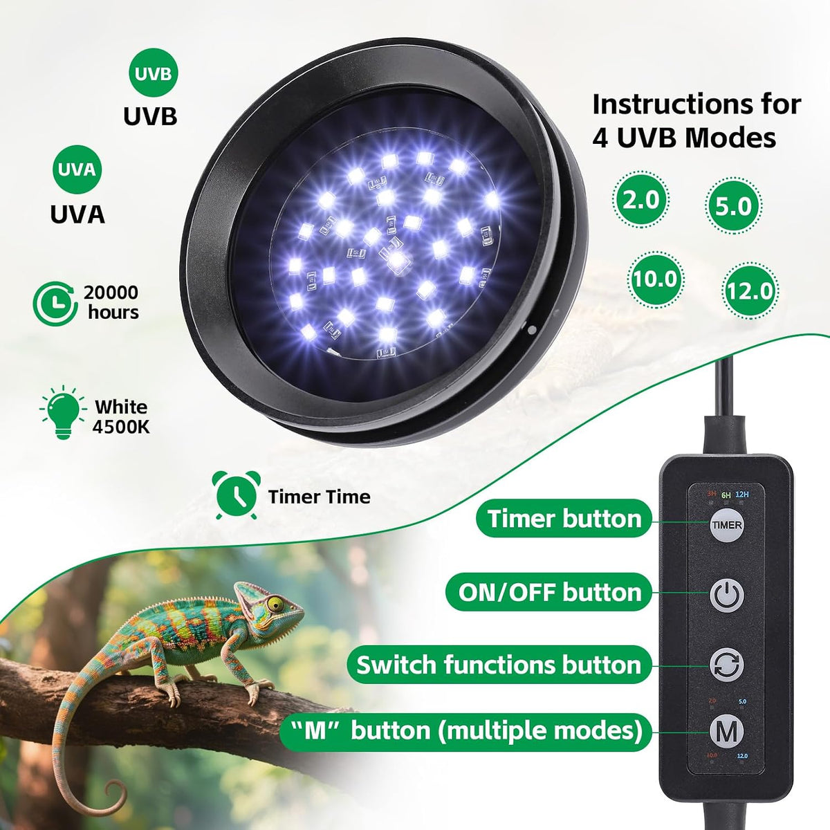 Dimmable UVA UVB lamp for bearded dragons and geckos showing the adjustable control panel.