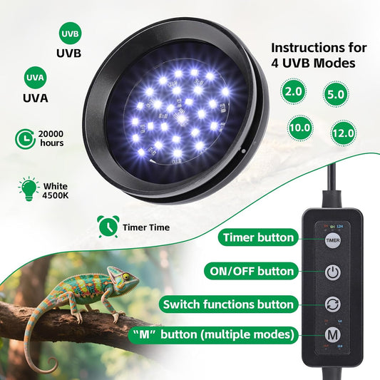 Dimmable UVA UVB lamp for bearded dragons and geckos showing the adjustable control panel.
