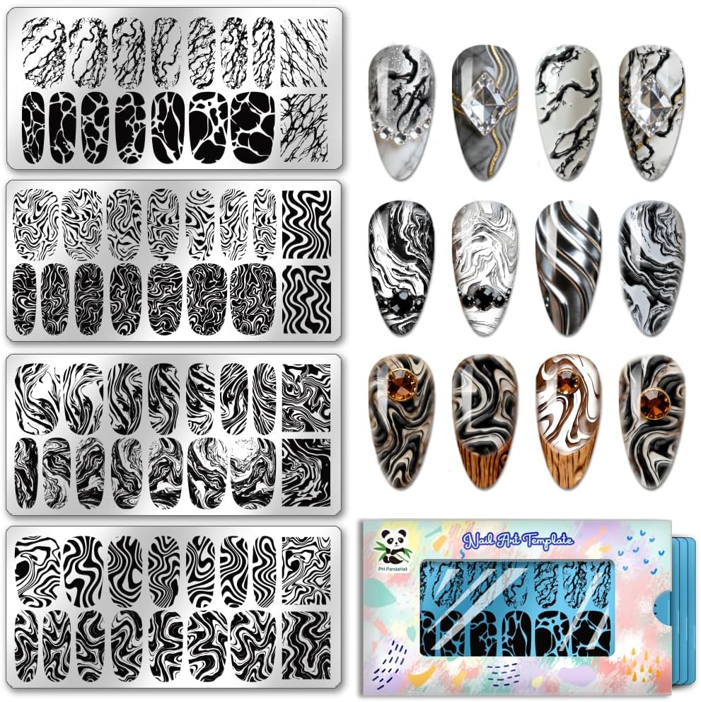 PH PandaHall marble texture nail stamping plates front view showing 4 unique stainless steel templates.