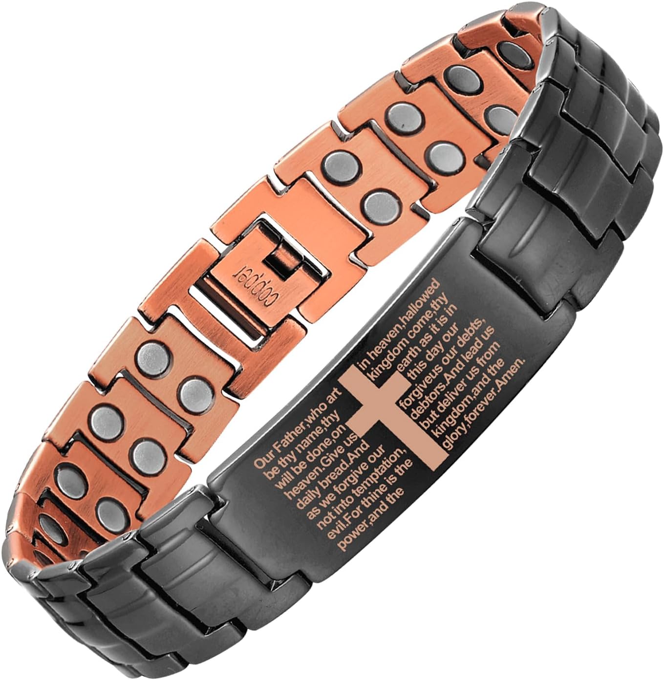 MagEnergy Copper Cross Bracelet for Men in black front view magnetic therapy jewelry