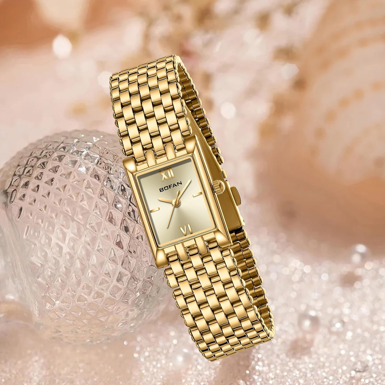 Premium BOFAN women's gold dress watch inside its luxury watch box
