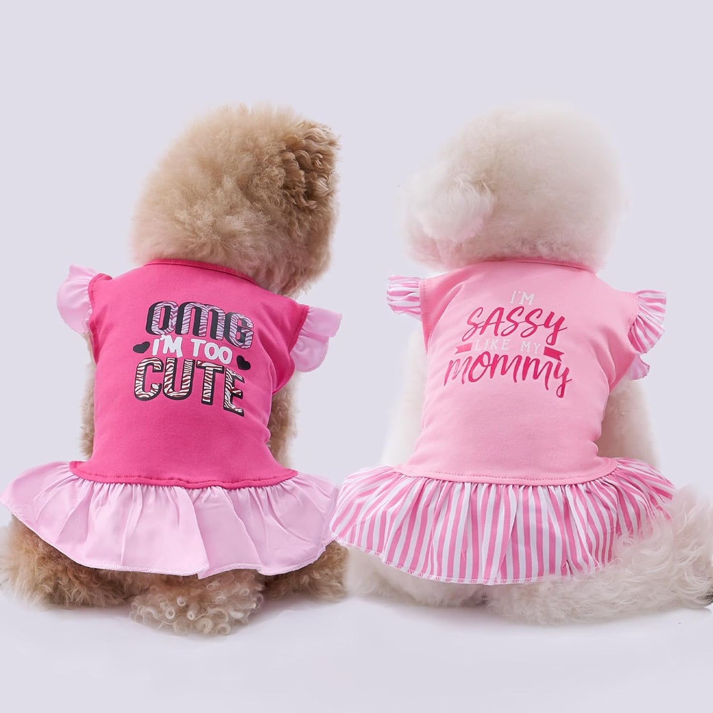 Back view of the XPUDAC pink angel dress on a small Yorkshire terrier showing fit.