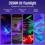 Waterproof testing of the MOWETOO aluminum alloy UV flashlight under light rain demonstrating its IP65 durability.
