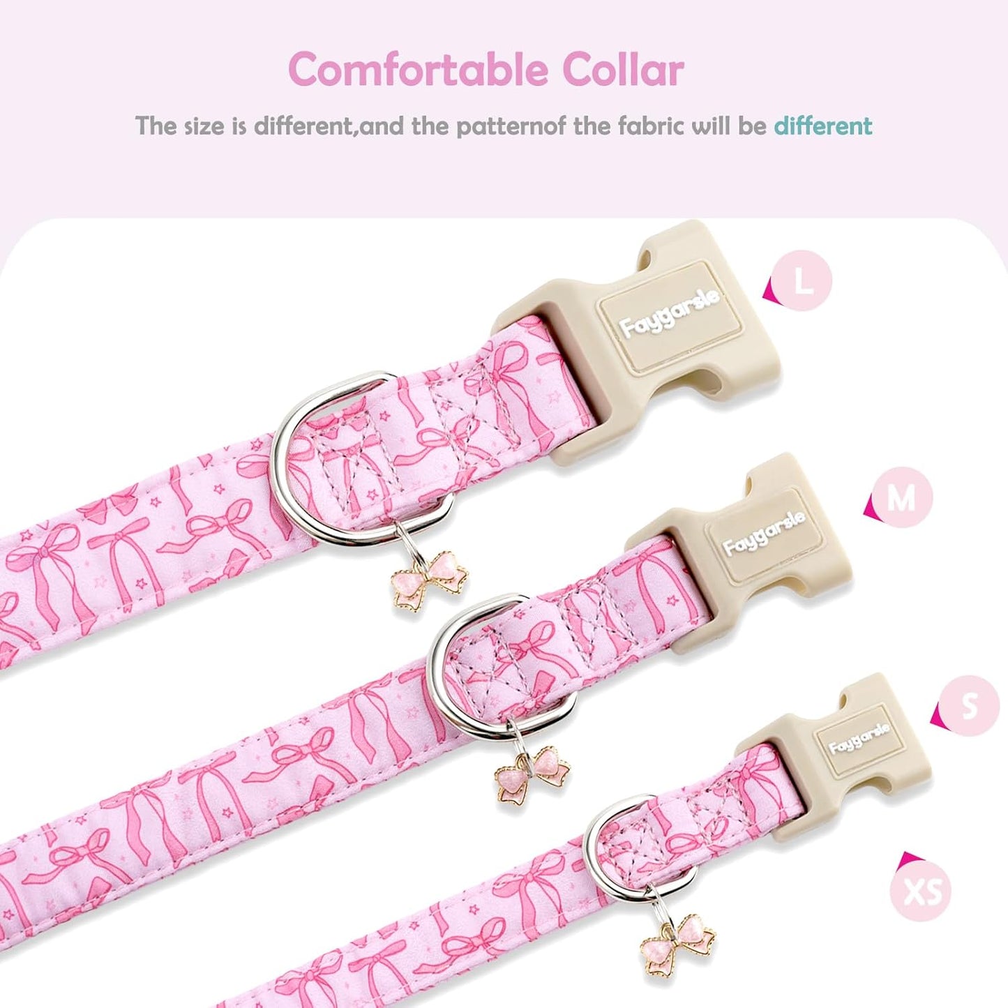 Close up of Faygarsle pink bow pattern collar detail