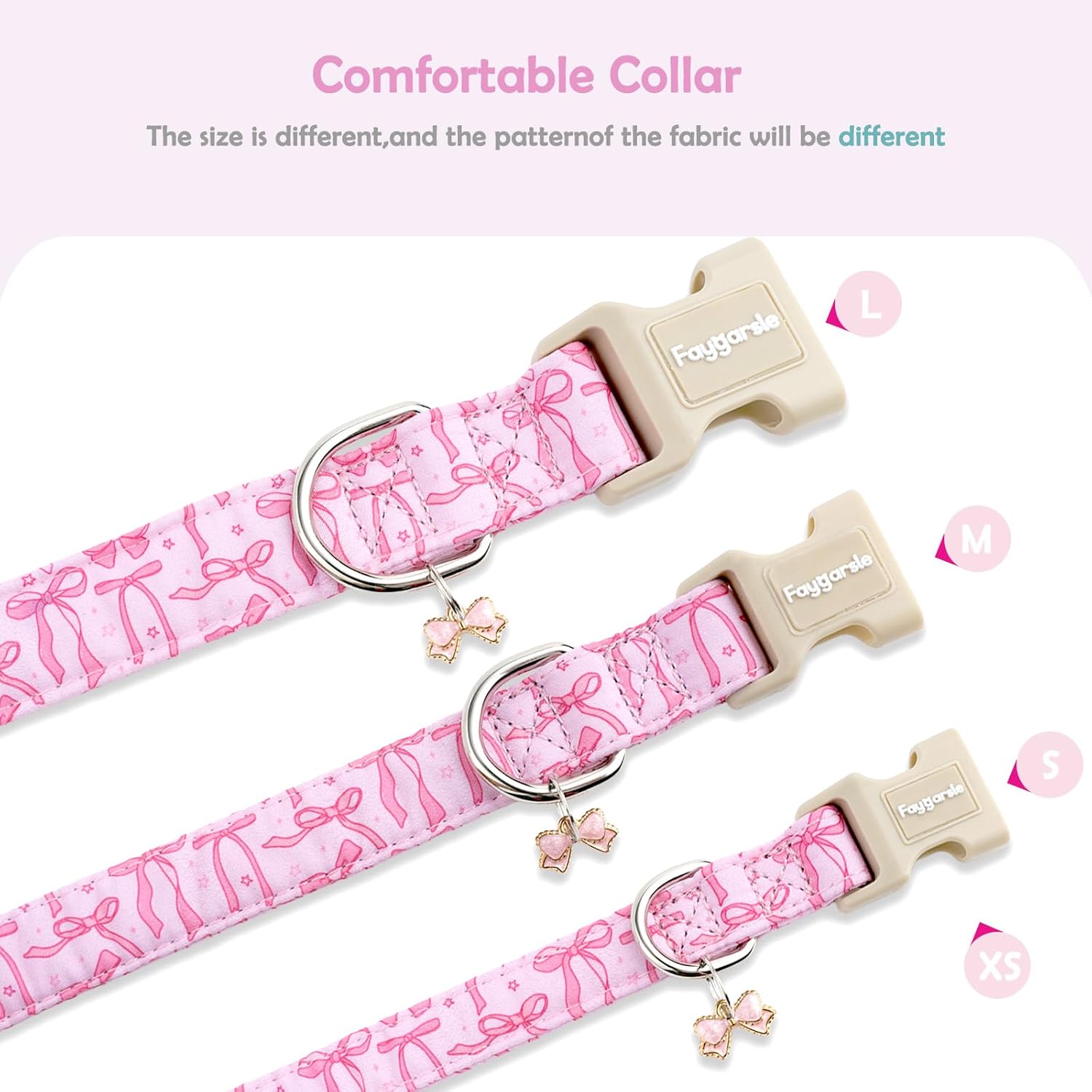 Close up of Faygarsle pink bow pattern collar detail
