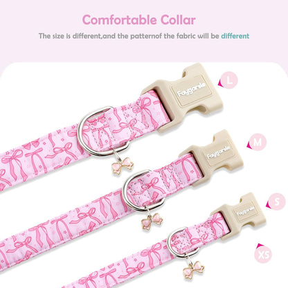 Close up of Faygarsle pink bow pattern collar detail