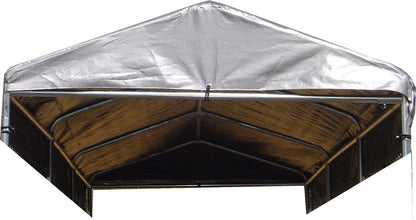 Lucky Dog Large All Season Dog Run Cover and Roof front view showing the silver waterproof canopy installed on an outdoor frame.