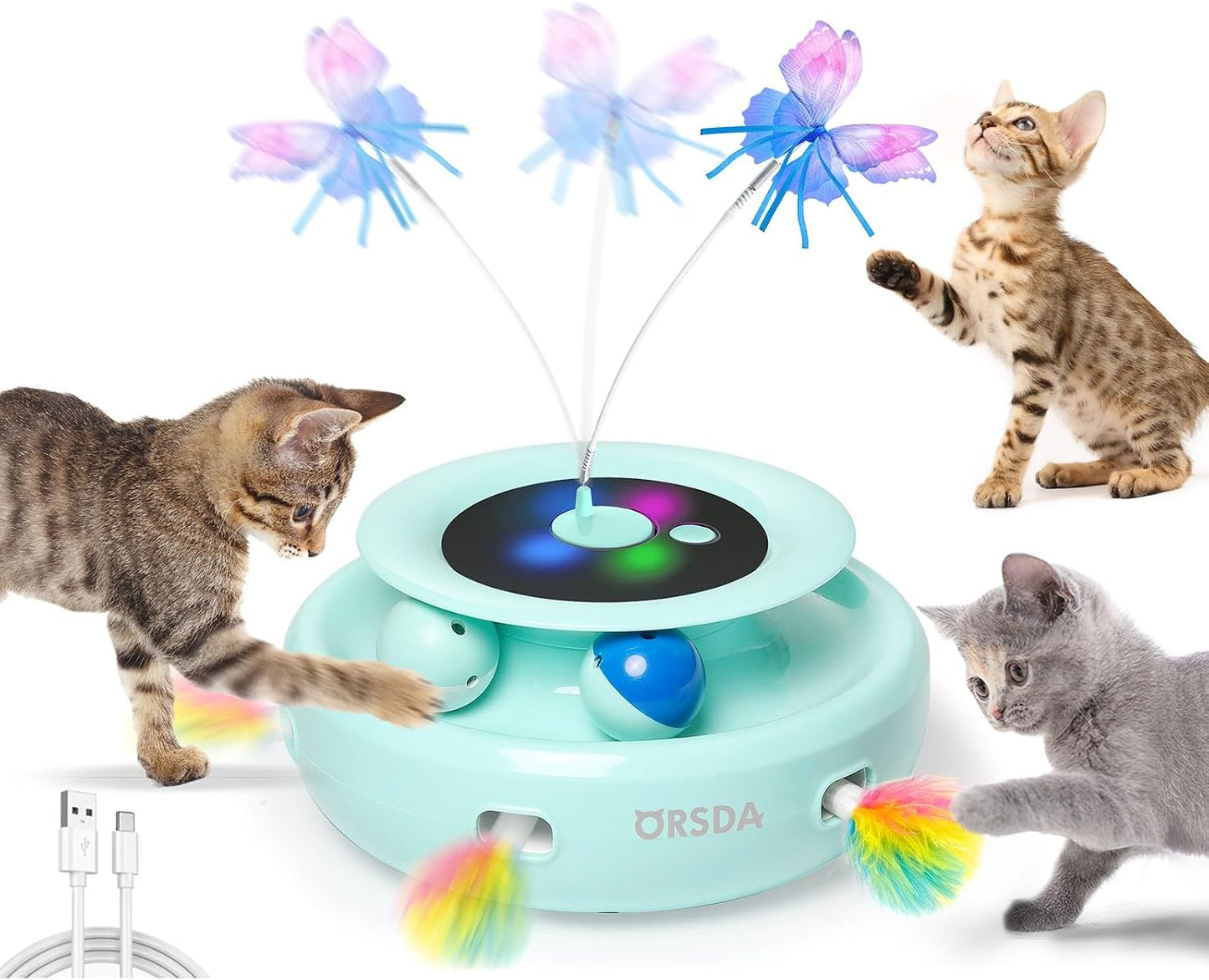 ORSDA Cat Toy, 3-in-1 Automatic Interactive Electronic Moving Ambush Feather, Fluttering Butterfly, Track Balls, USB Rechargeable Powered Smart Indoor Exercise Kicker - Image 10