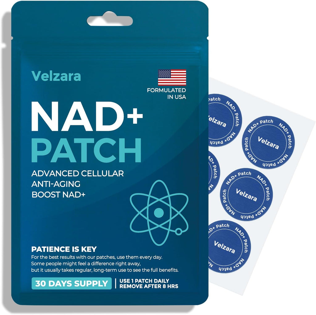 Velzara NAD Plus Patches front view of blue foil pouch packaging