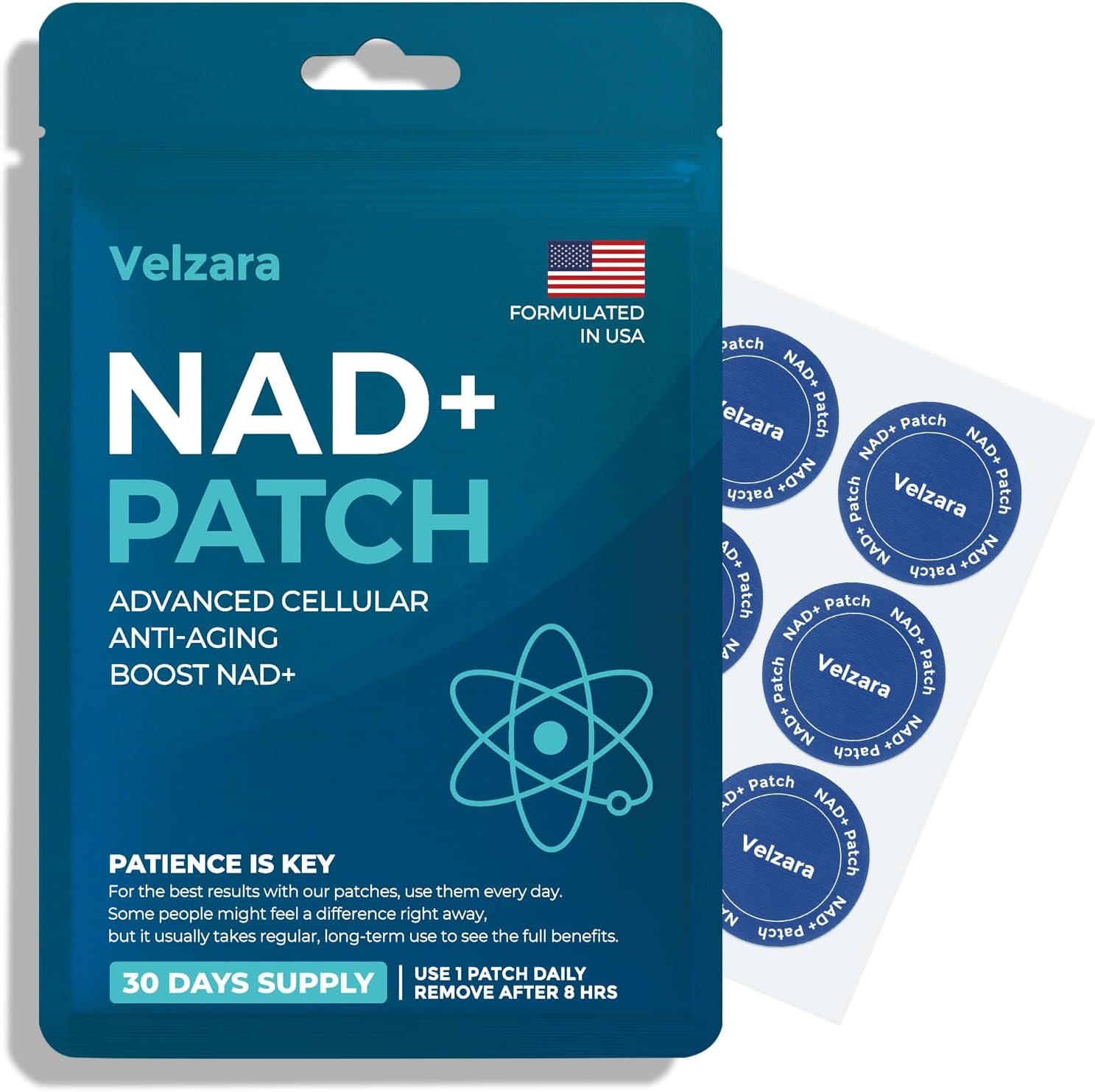 Velzara NAD+ Patches front view of 30-patch pack