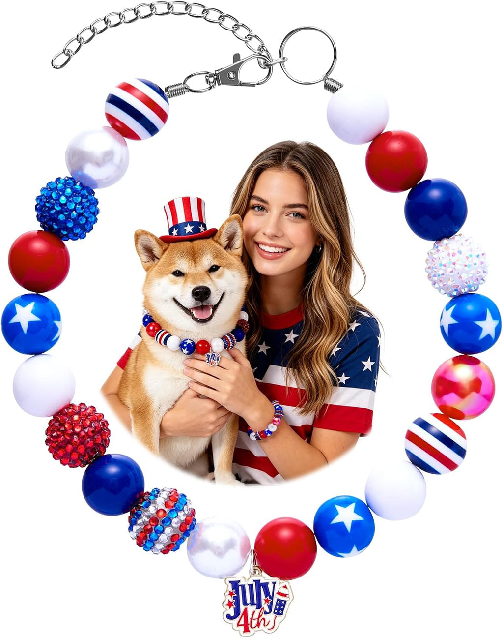 4th of July Dog Beaded Necklace with Interchangeable Charms, Patriotic Red White Blue Pet Necklace, Adjustable Dog Jewelry for Small Medium Large Dogs (Red, XL) - Image 15