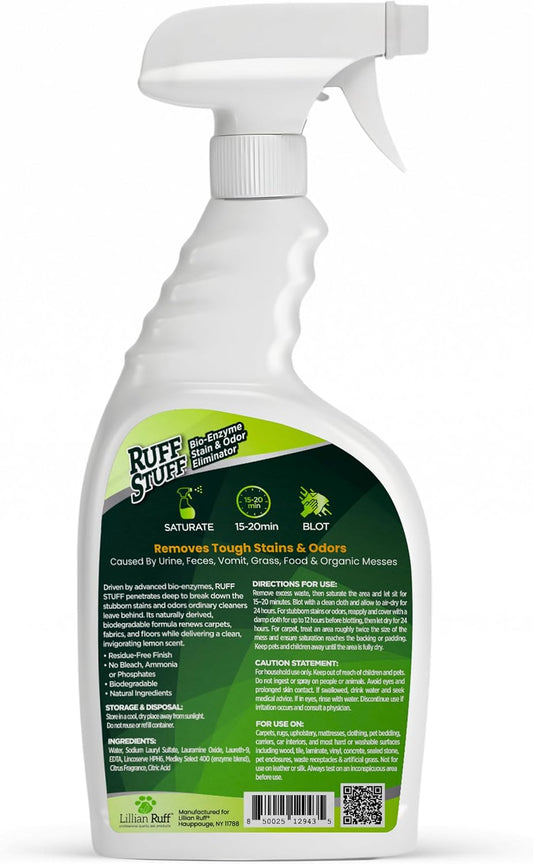 RUFF STUFF pet odor eliminator bottle showing plant based professional strength formula