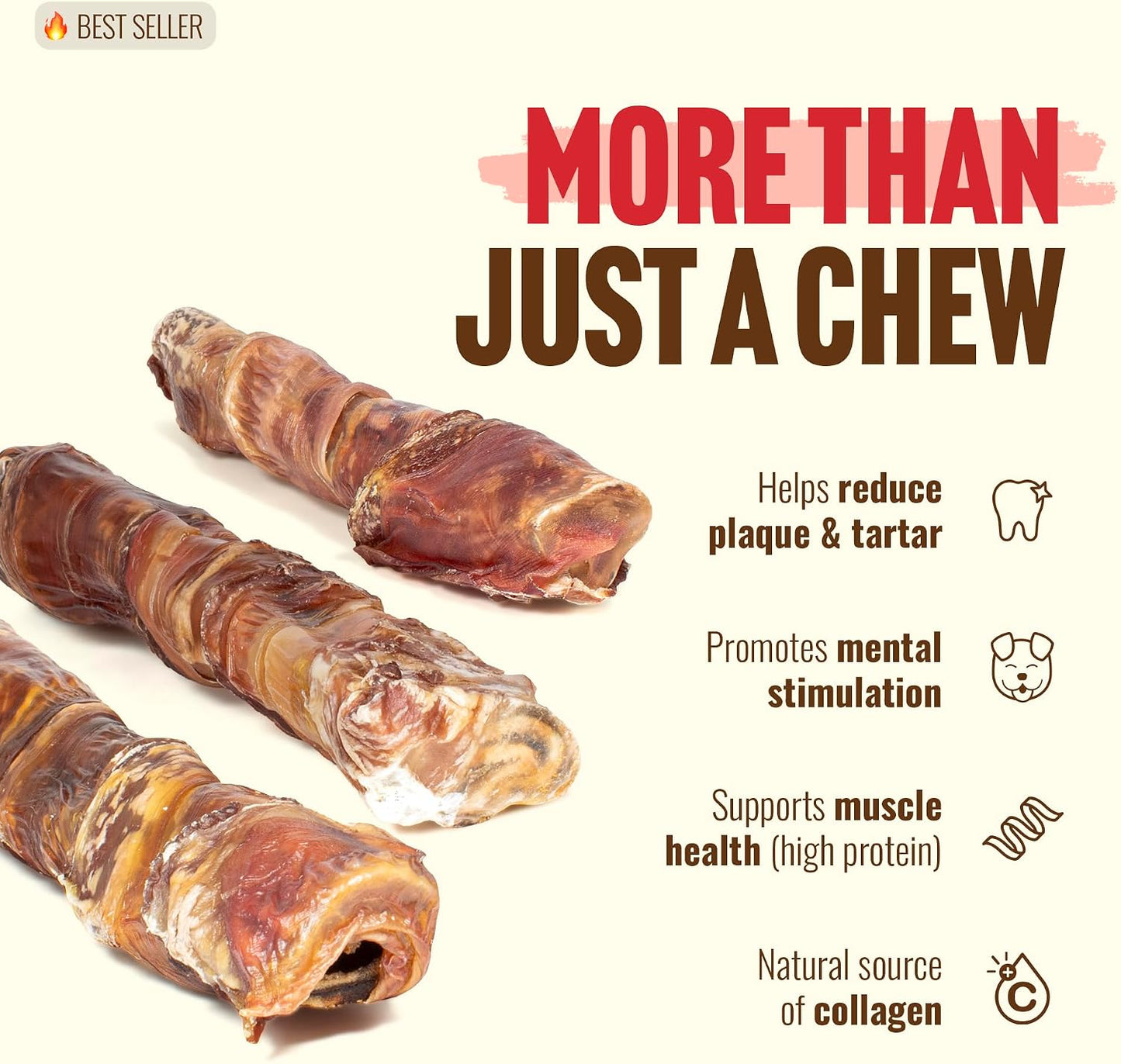Close up view of the layered beef cheek and esophagus on the 6 inch dog chew