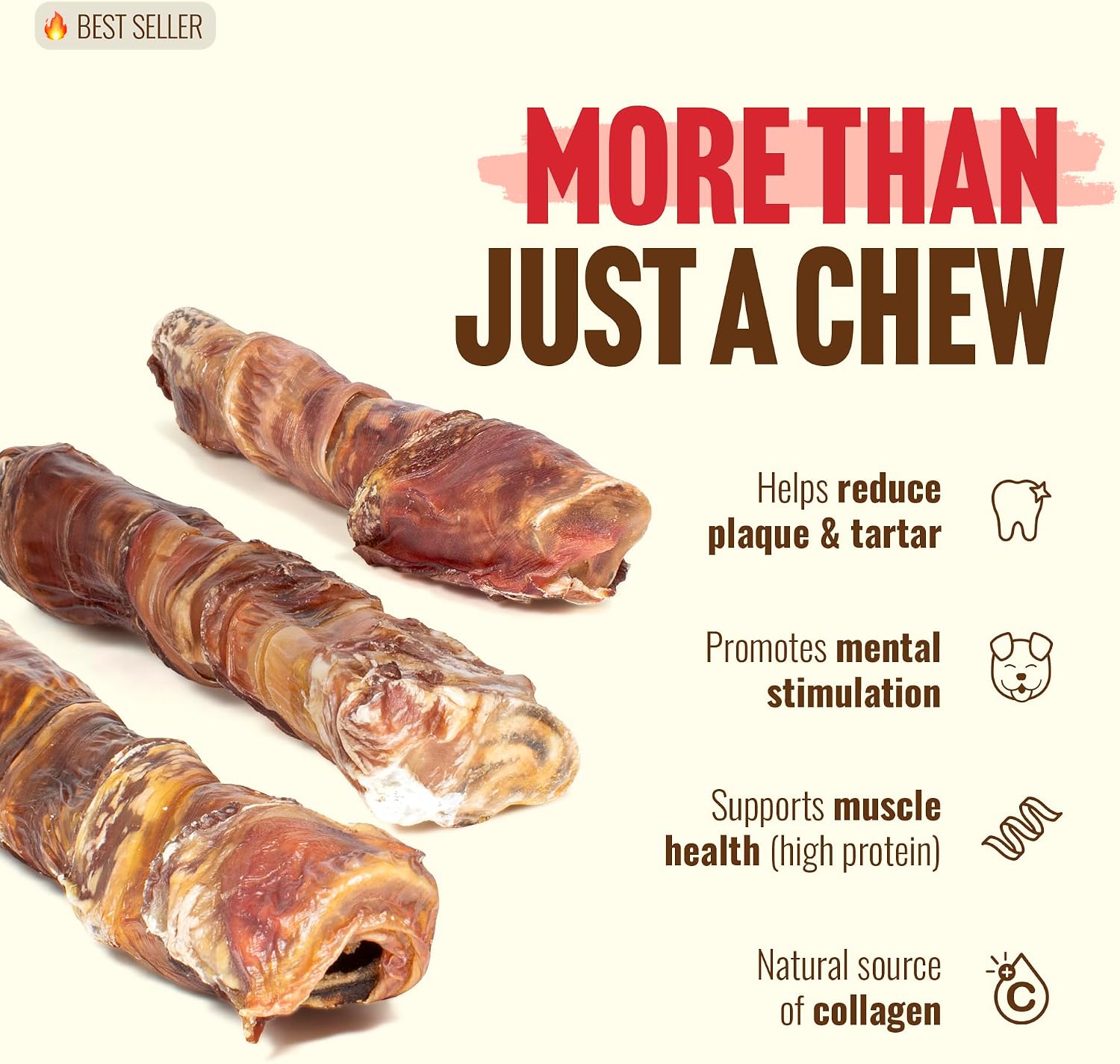 Close up view of the layered beef cheek and esophagus on the 6 inch dog chew