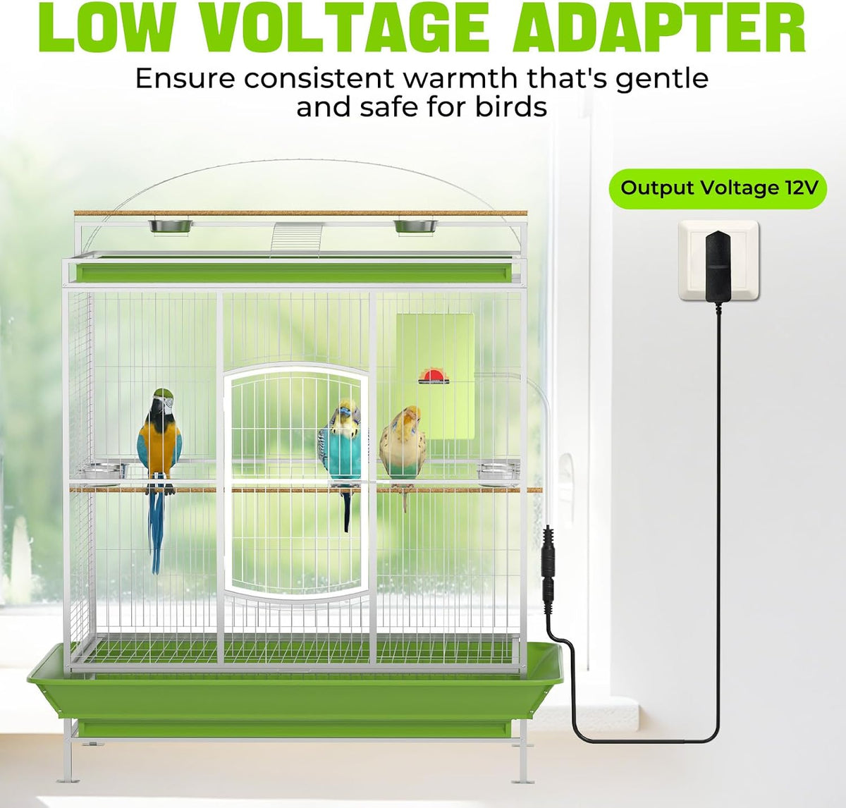 BrightArk parrot cage warmer highlighting the color changing temperature indicator sticker.