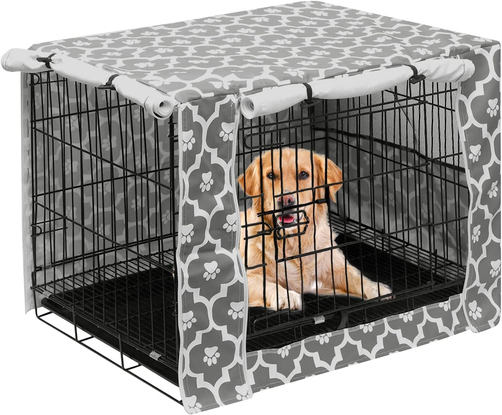 Anxiety reducing dog house accessory draped tightly over a large metal wire pet crate