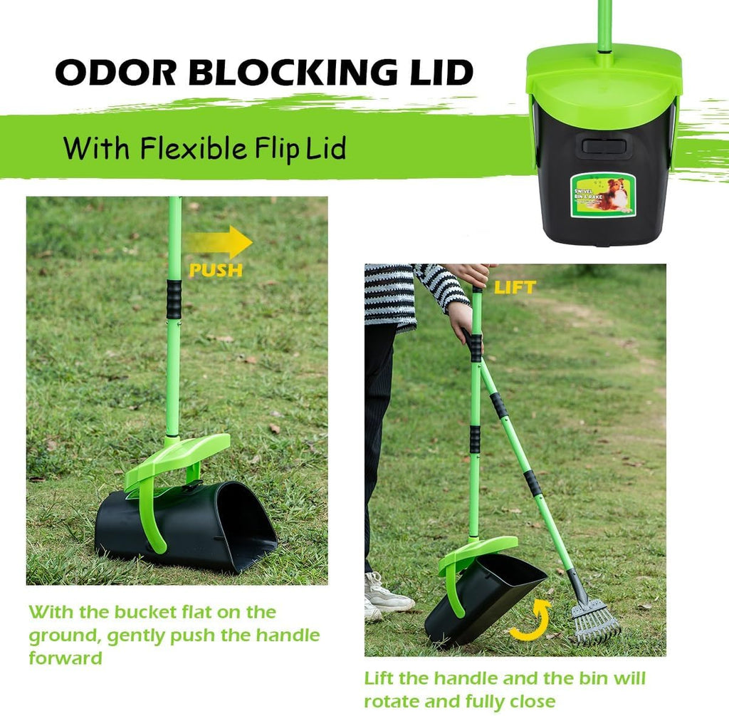 Coated metal rake gathering pet waste on a grass lawn yard surface.