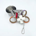 Close up of colorful cardboard bagel rings and metal chain