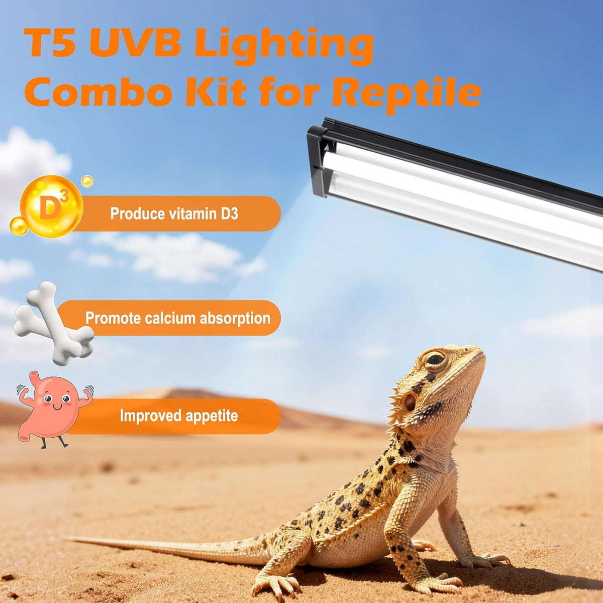 Hygger Zoo high output desert ten point zero UVB linear tube light installed inside the polished reflector hood