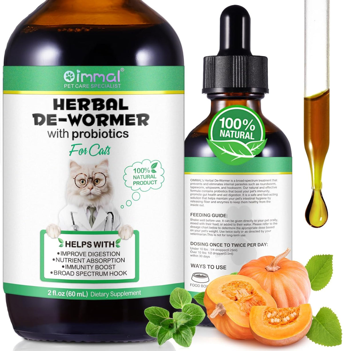 Oimmal Herbal Dewormer for cats packaging front view showing the liquid dropper bottle