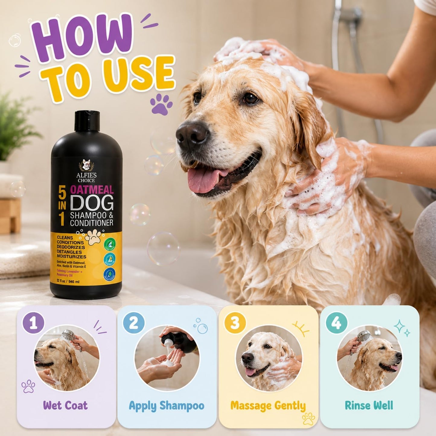 Alfie's Choice shampoo bottle next to a dog for size reference