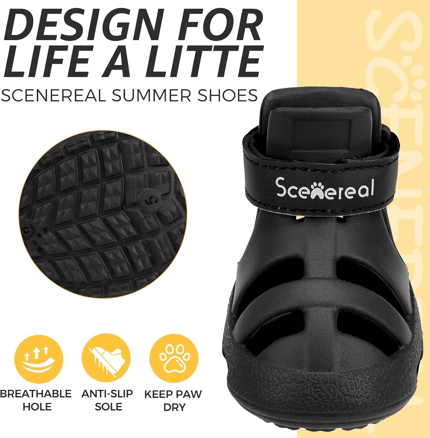 Side profile of black Scenereal dog boots with strap