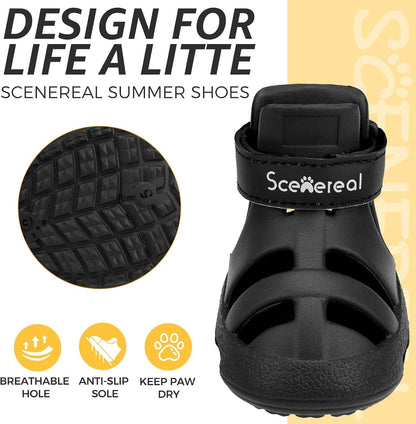 Side profile of black Scenereal dog boots with strap