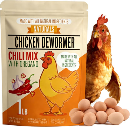 Aevezom Naturals Chicken Dewormer Powder front view packaging showing chili and garlic ingredients.
