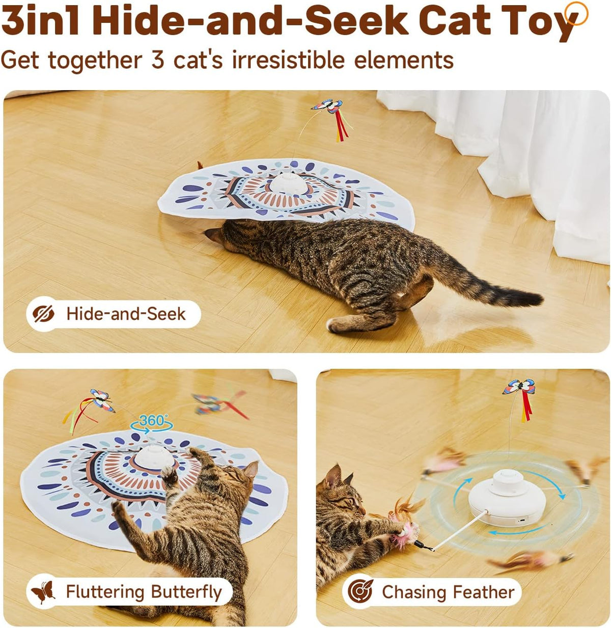 Potaroma Cat Toys Chargeable, 3in1 Hide and Seek for Kittens, Interactive Automatic Play, Fluttering Butterfly, Moving Wand Feather, Indoor Kitty Exercise 22.8 Inch Cover for All Breeds - Image 2