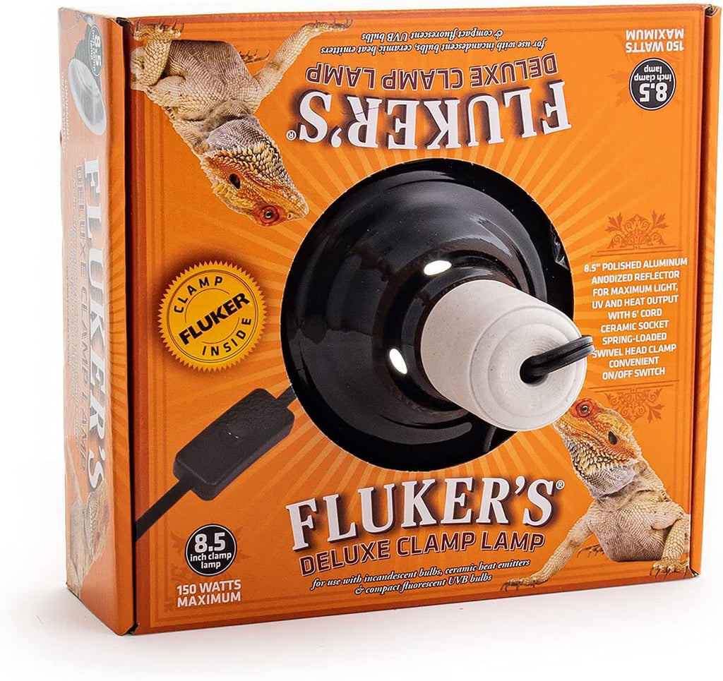 Fluker's heavy-duty clamp lighting fixture attached to a terrarium rim.