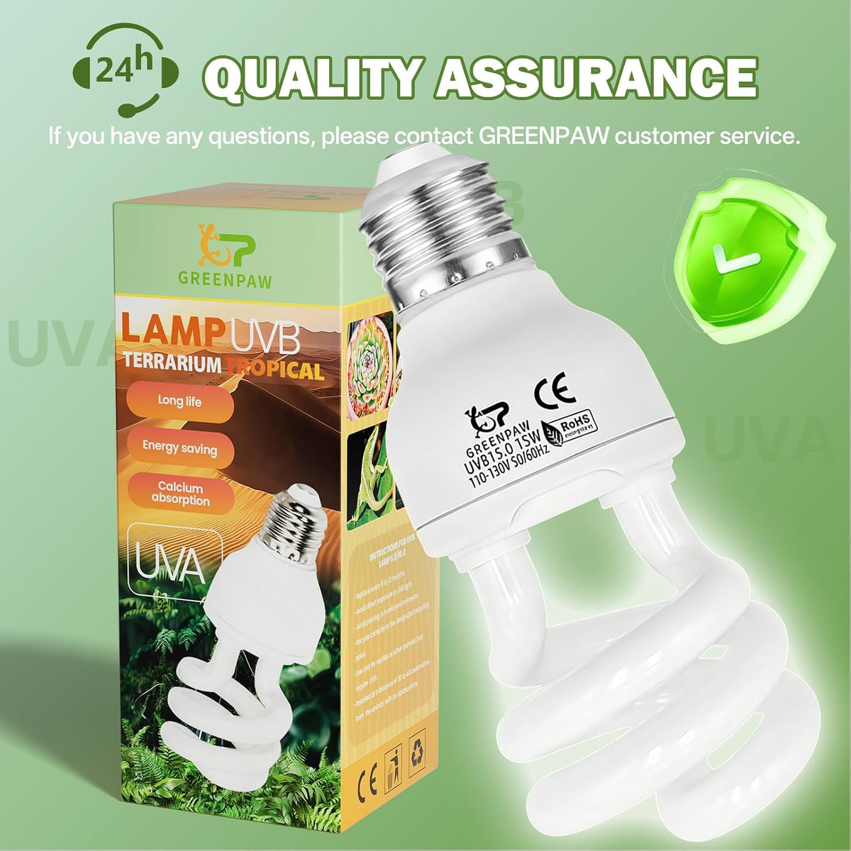 Full retail kit of the Lucky Herp 15W tropical reptile light with the included testing card.