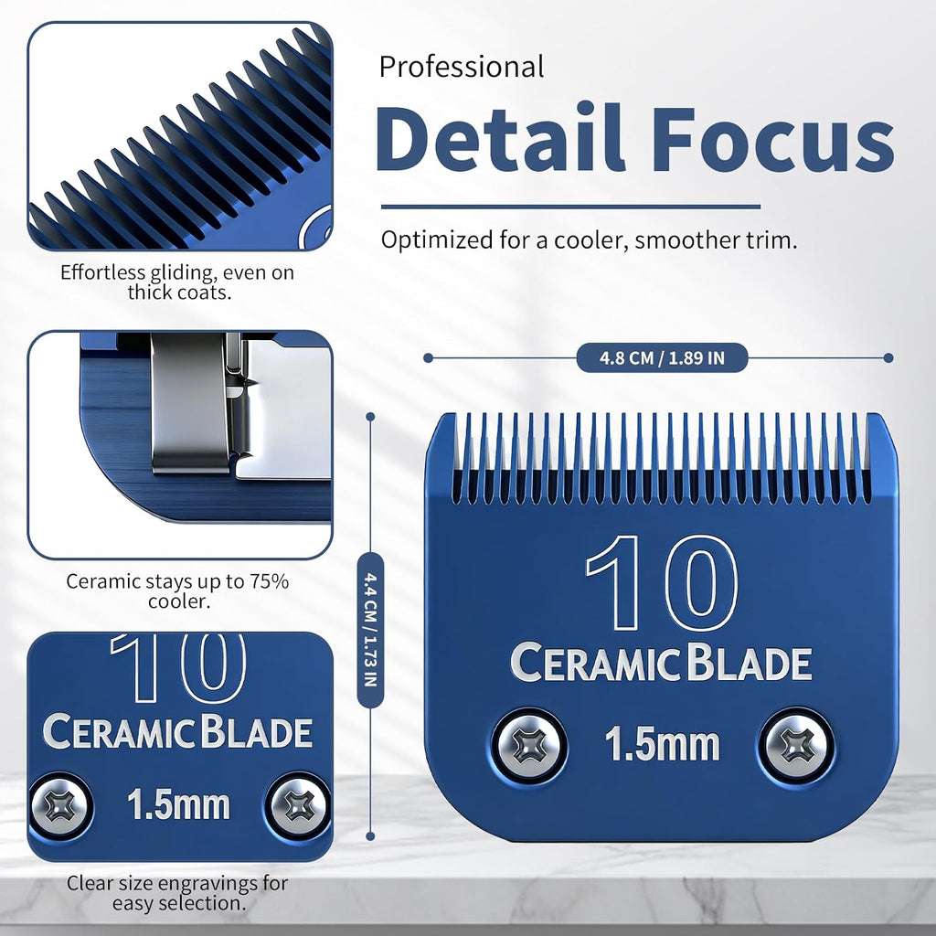Close up view of the blue ceramic cutter mechanism on the stainless steel pet grooming blade