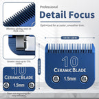 Close up view of the blue ceramic cutter mechanism on the stainless steel pet grooming blade