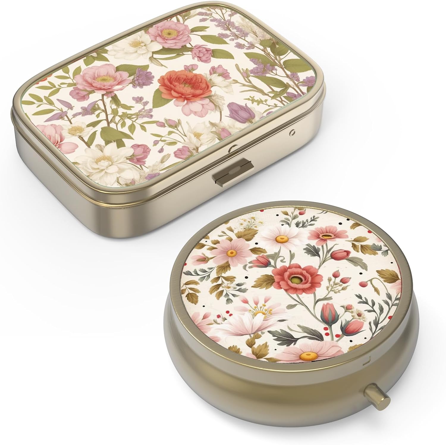 Dynippy retro floral pill organizer box front view showing vintage red flower design