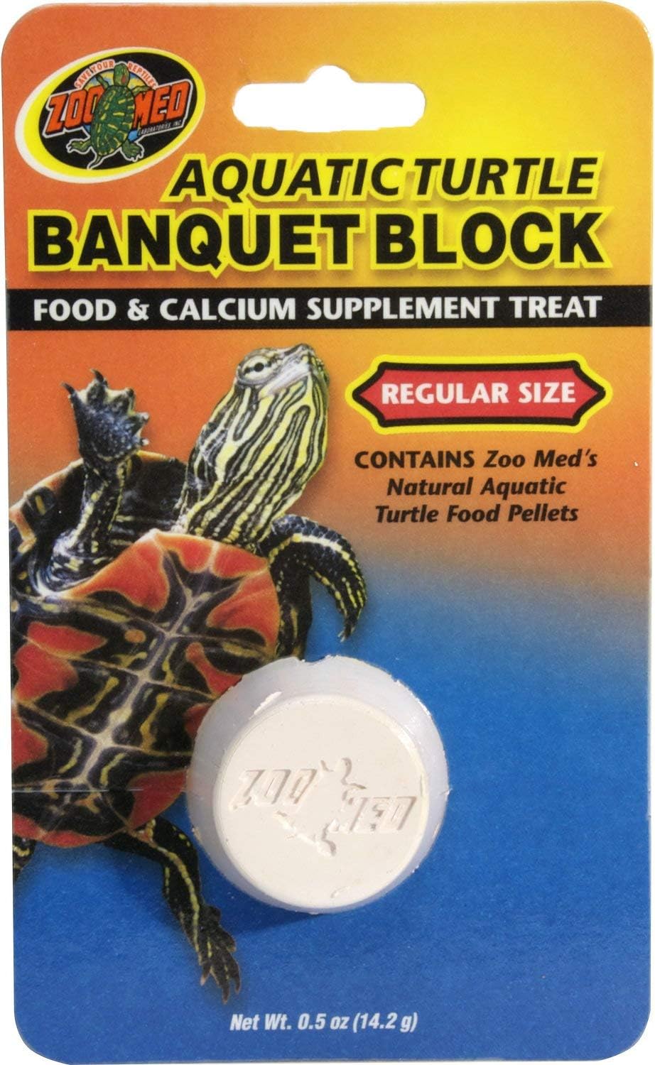 Zoo Med Aquatic Turtle Banquet Block front packaging showing the regular size calcium supplement treat.