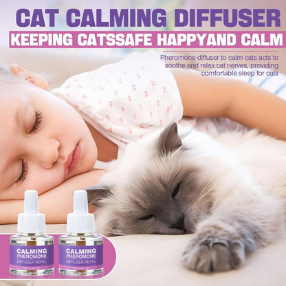 Six individual cat calming diffuser refills neatly arranged demonstrating the one hundred and eighty day continuous supply.