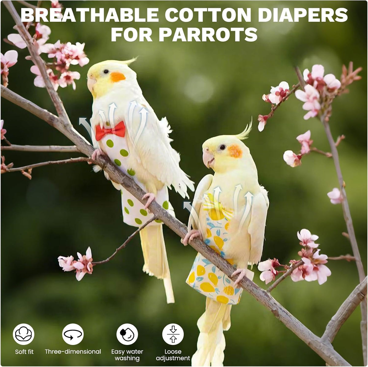 Side profile of parrot wearing washable bird nappy costume