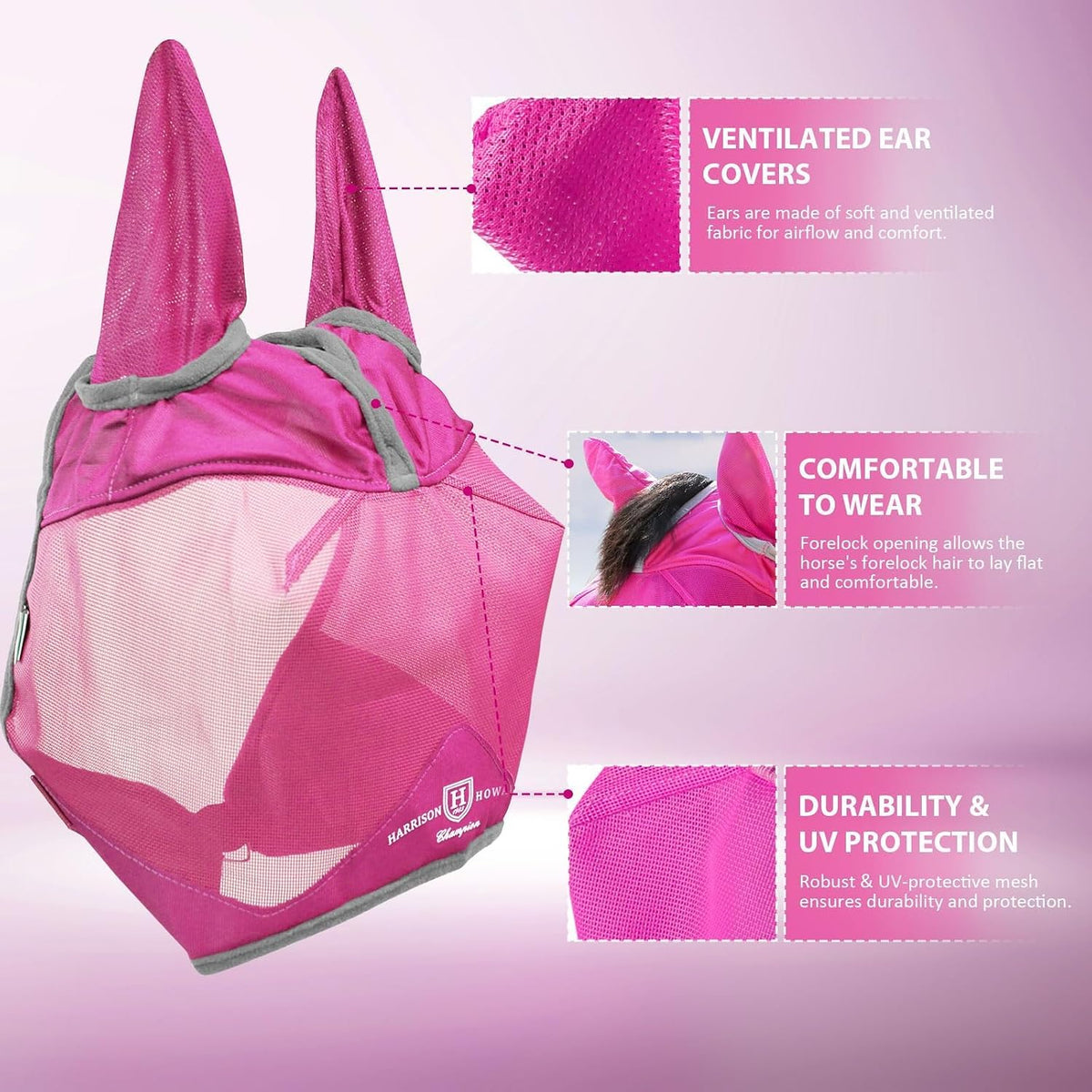 Side profile of Harrison Howard UV-proof horse fly mask