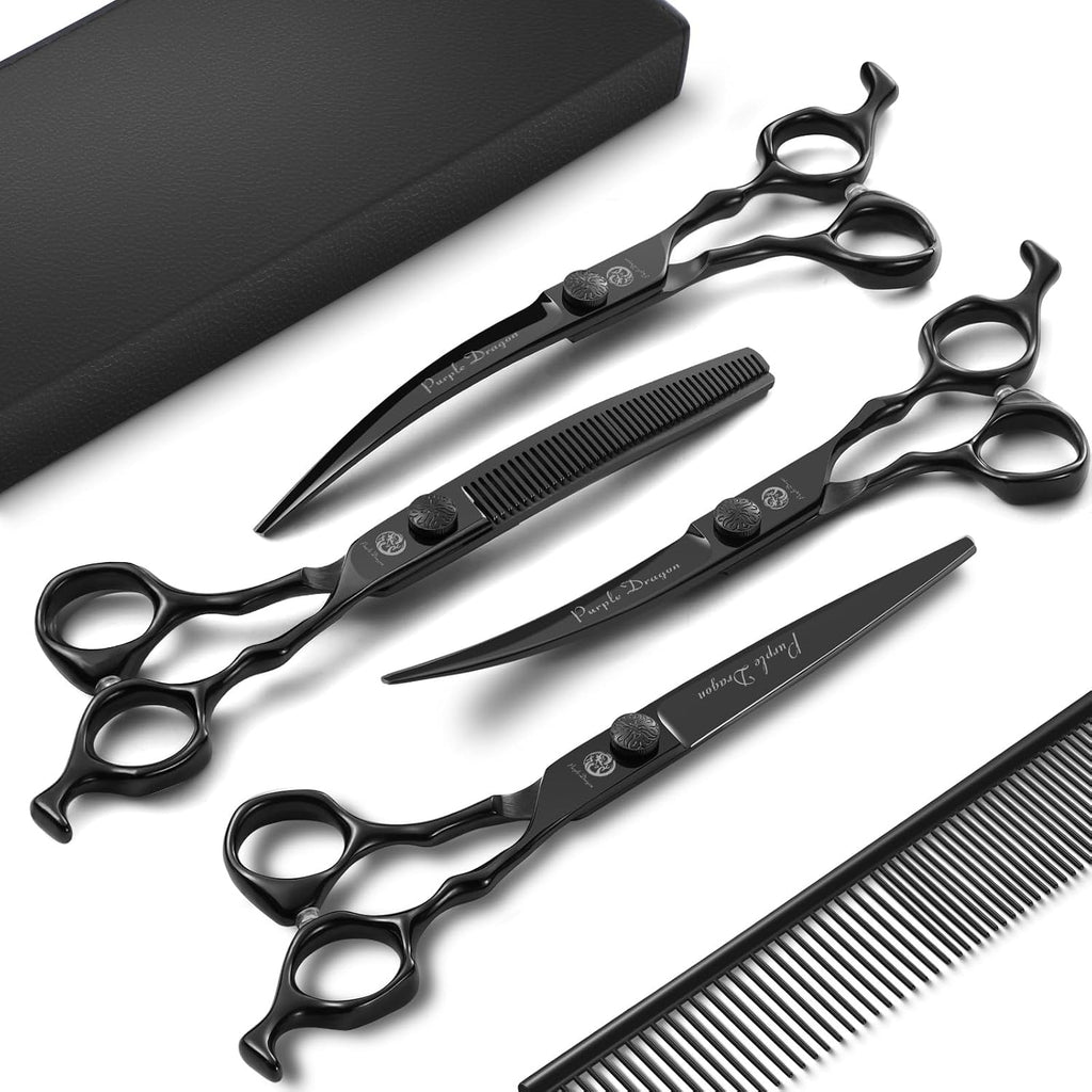 Purple Dragon dog grooming scissors set front view featuring premium black stainless steel shears.