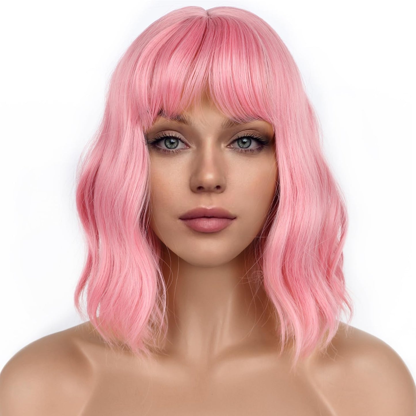 Lancaini pastel pink bob wig with bangs front view showcase for colorful synthetic cosplay hair styles