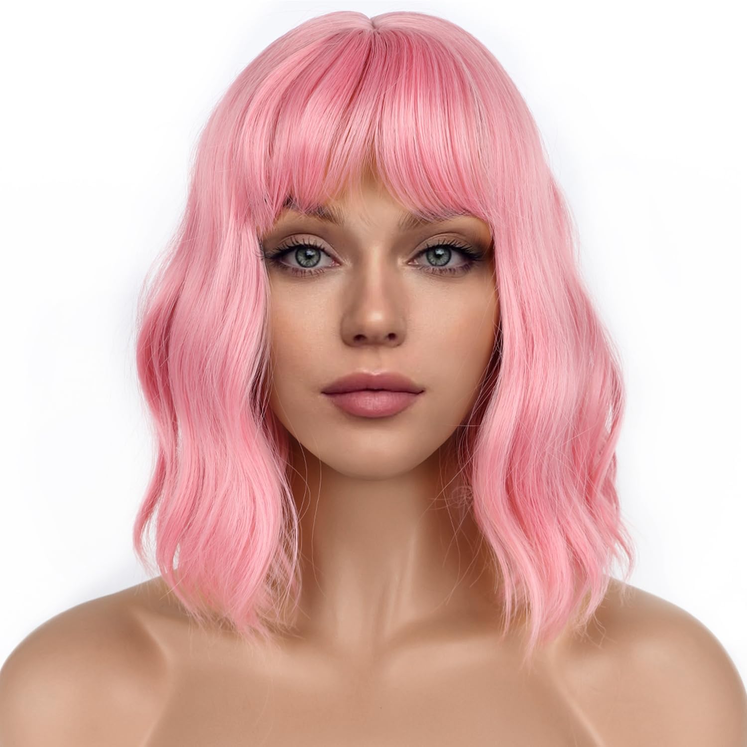 Lancaini pastel pink bob wig with bangs front view showcase for colorful synthetic cosplay hair styles