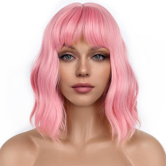 Lancaini pastel pink bob wig with bangs front view showcase for colorful synthetic cosplay hair styles
