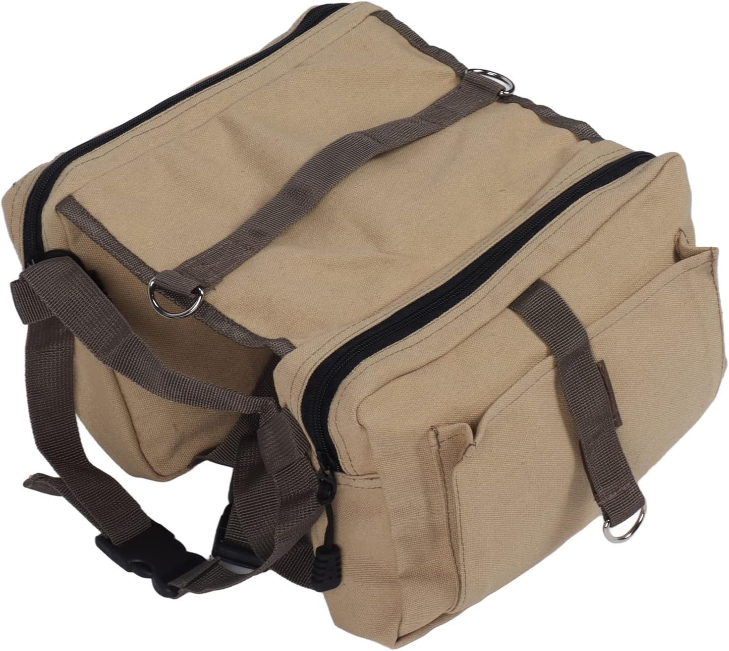 JOROBURO dog backpack harness front view showing khaki canvas material on a medium sized dog