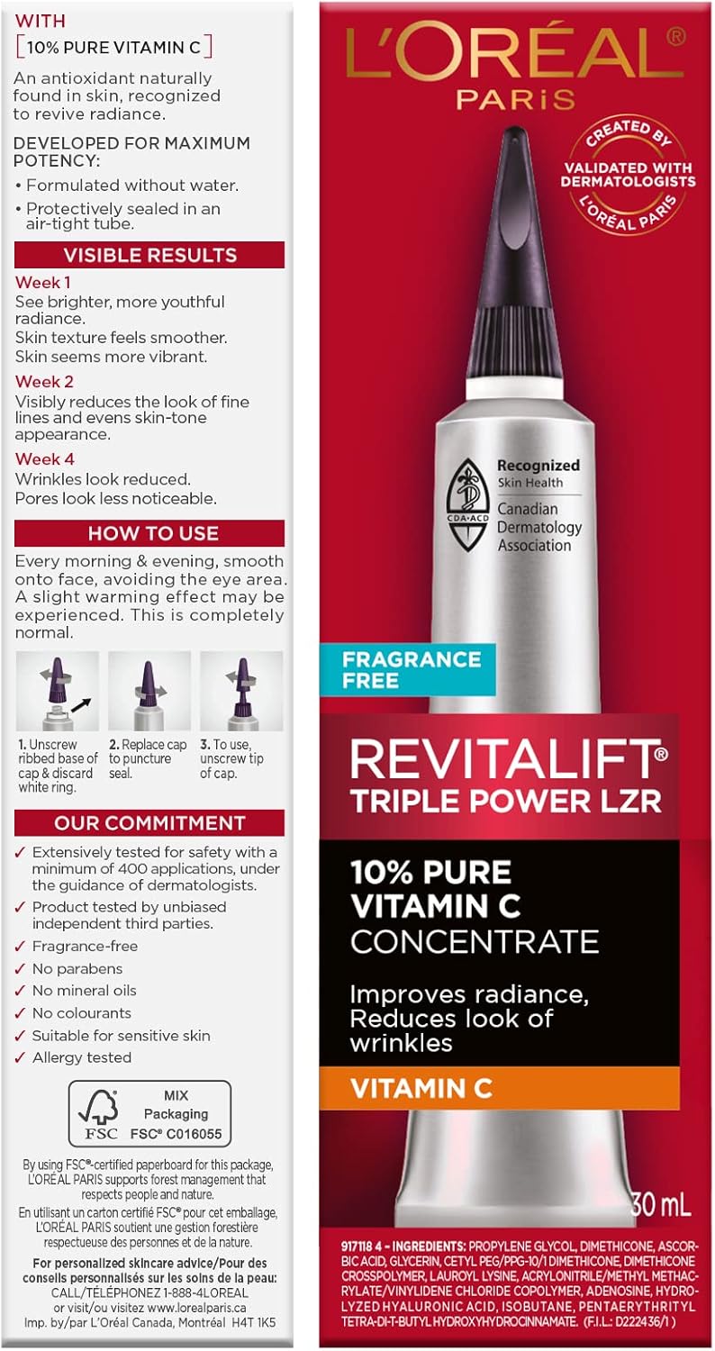 L'Oreal Paris Revitalift 10% Pure Vitamin C Face Serum for Brighter Skin & Reduced Wrinkles, Fragrance Free, 1 0z. - Image 10