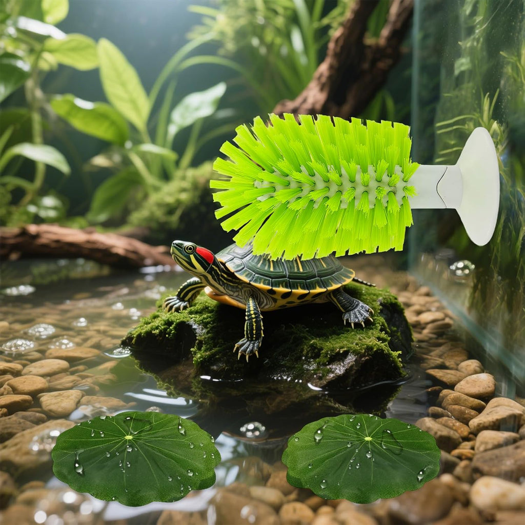 Green turtle exfoliating back scrub brush attached to an aquarium glass wall via a heavy-duty suction cup.