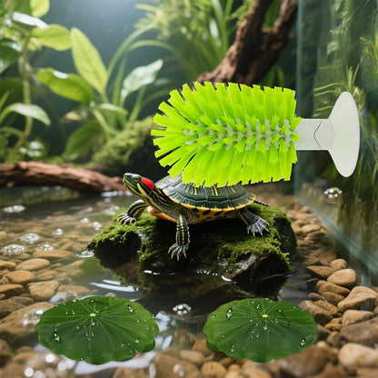Green turtle exfoliating back scrub brush attached to an aquarium glass wall via a heavy-duty suction cup.