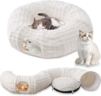 Yaning bubble cat tunnel bed cream white front view showcasing donut shape and center mat