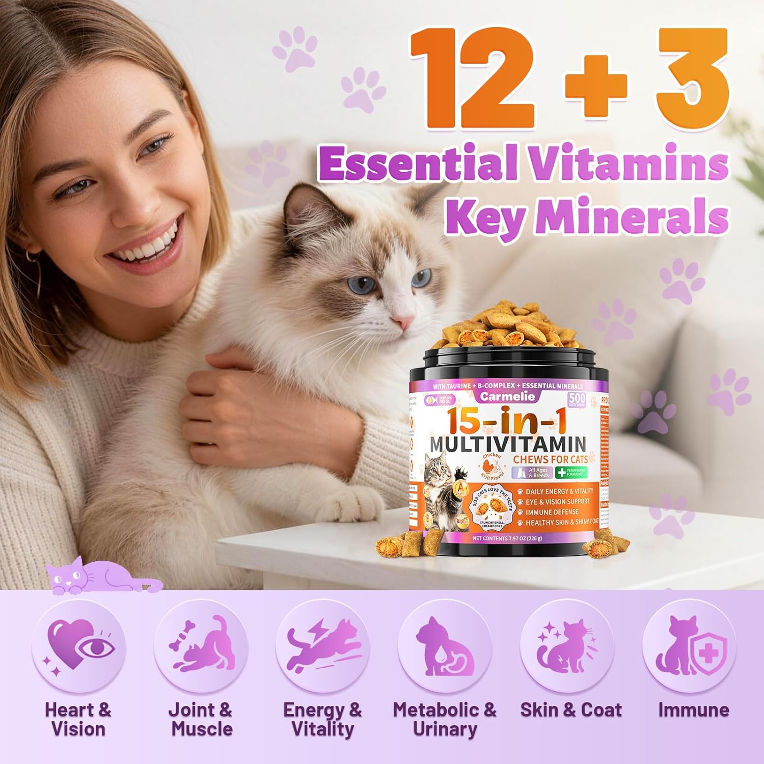 Close up of the dual texture crunchy and creamy chicken and krill flavored cat treats