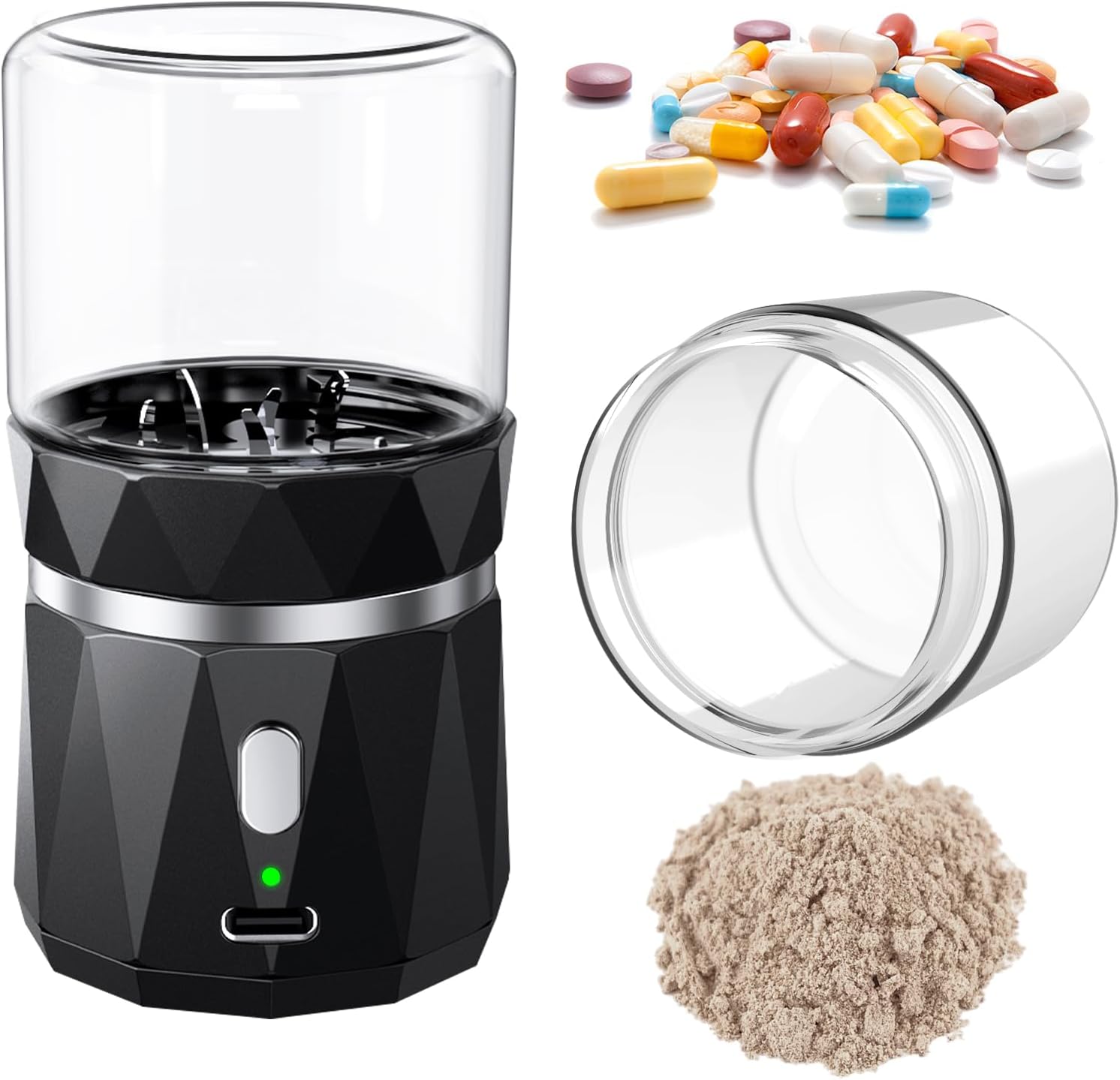 Feiorn cordless electric pill crusher in black showcasing the front view of its sleek hexagonal body.