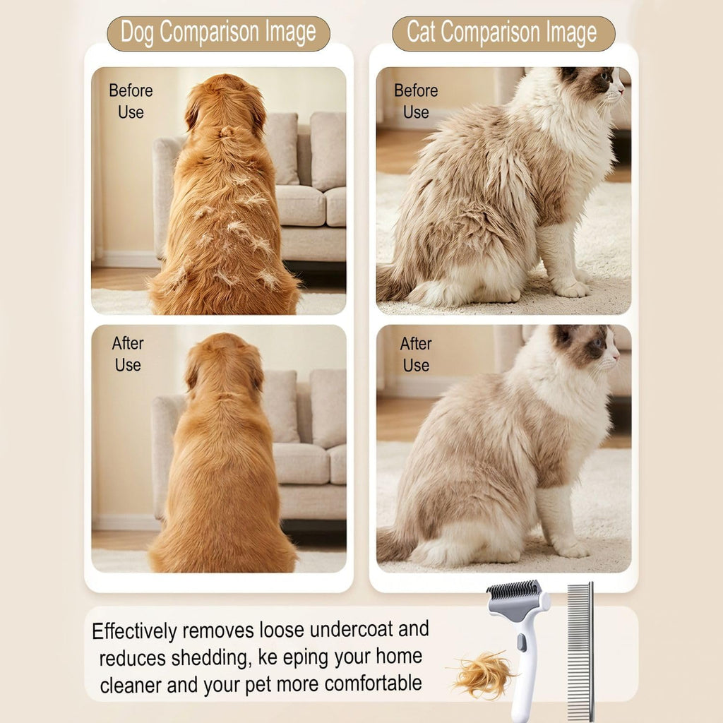 White pet grooming rake showing the easy one button cleaning mechanism